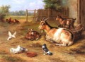 Una escena de corral con cabras, pollos, palomas, animales de granja, Edgar Hunt